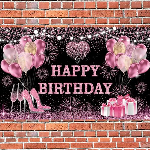 YinQin 180x120 cm Pink Golden Happy Birthday Backdrops Cloth 71x47 inch Bday Photography Backgrounds Glitter Black Rose Golden Happy Birthday Sign Banner Decoration for Women Girl (Pink Gold) - Image 3