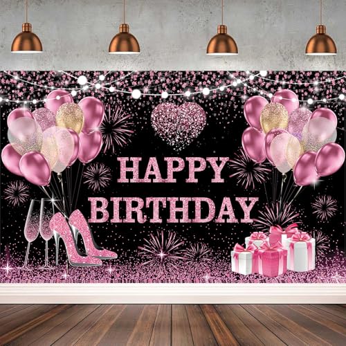 YinQin 180x120 cm Pink Golden Happy Birthday Backdrops Cloth 71x47 inch Bday Photography Backgrounds Glitter Black Rose Golden Happy Birthday Sign Banner Decoration for Women Girl (Pink Gold) - Image 5