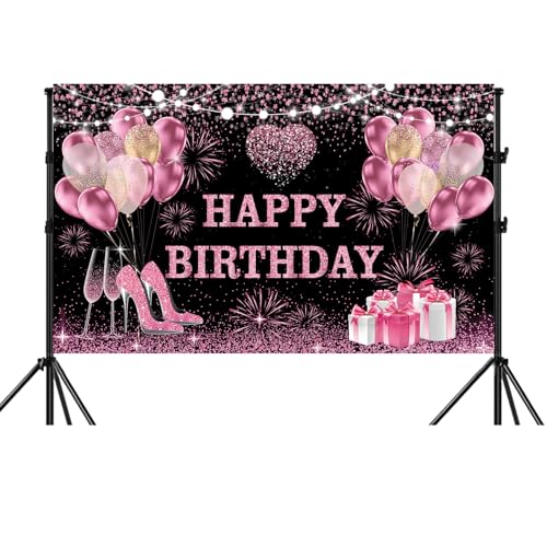 YinQin 180x120 cm Pink Golden Happy Birthday Backdrops Cloth 71x47 inch Bday Photography Backgrounds Glitter Black Rose Golden Happy Birthday Sign Banner Decoration for Women Girl (Pink Gold) - Image 2