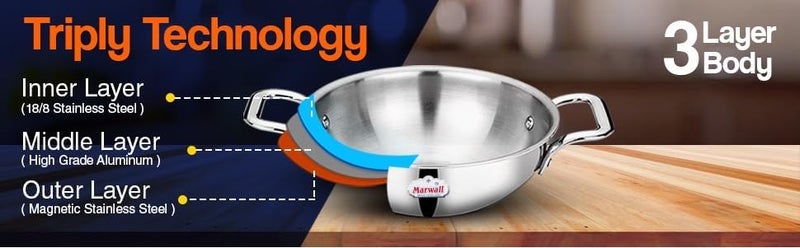 MARWALL Stainless Steel Mini Triply Kadhai (16cm),500ml - Image 3