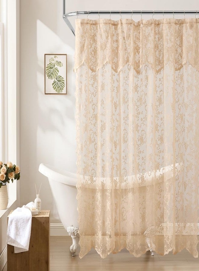 HLC.ME Harper Lace Shower Curtain for Bathroom with Floral Vine Design and Attached Valance - Elegant Victorian Classic Style (Linen Taupe, 72 x 84 Inch) - Image 2