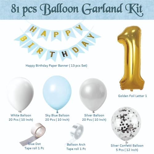 YOURS DECOR 1st Birthday Balloons Decor Items 81 Pcs Sky Blue, Silver, White & Silver Confetti Balloon with Happy Birthday Banner for Kids Birthday Party Decoration - Image 2