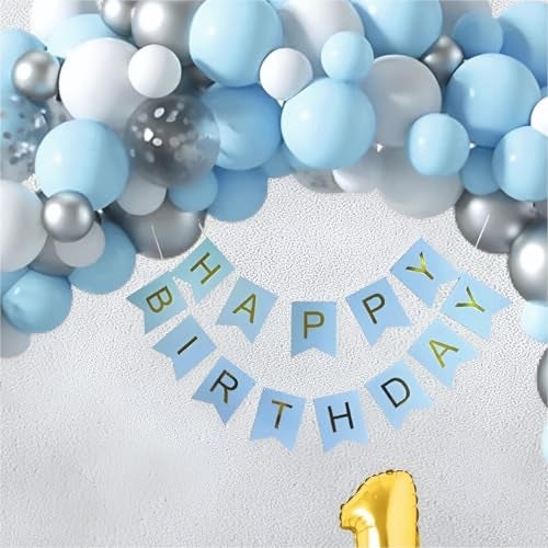 YOURS DECOR 1st Birthday Balloons Decor Items 81 Pcs Sky Blue, Silver, White & Silver Confetti Balloon with Happy Birthday Banner for Kids Birthday Party Decoration - Image 4
