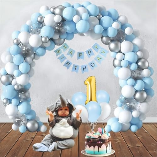 YOURS DECOR 1st Birthday Balloons Decor Items 81 Pcs Sky Blue, Silver, White & Silver Confetti Balloon with Happy Birthday Banner for Kids Birthday Party Decoration - Image 1