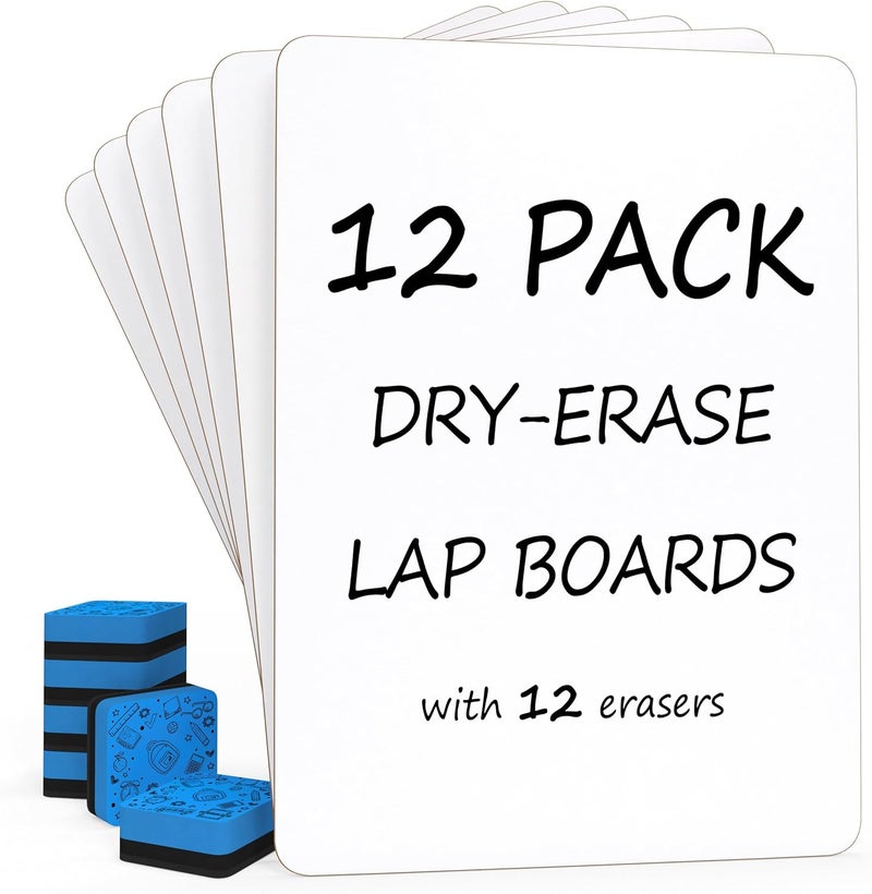 Scribbledo Set of 12 Small White Board Dry Erase Boards Classroom Pack Mini White Boards 9"x12” Double Sided Personal Whiteboards for Students Teachers School Supplies Lapboards l 12 Mini Whiteboard Erasers Incl - Image 1