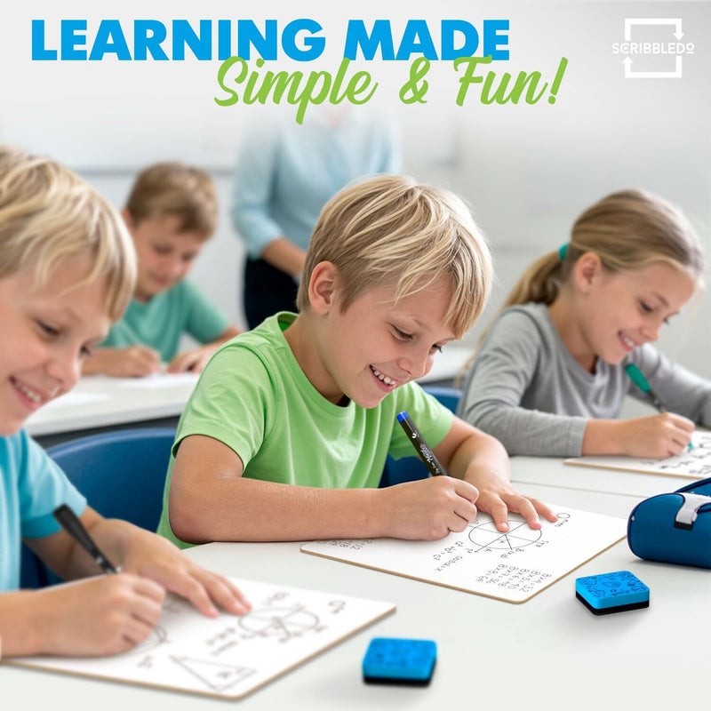 Scribbledo Set of 12 Small White Board Dry Erase Boards Classroom Pack Mini White Boards 9"x12” Double Sided Personal Whiteboards for Students Teachers School Supplies Lapboards l 12 Mini Whiteboard Erasers Incl - Image 3