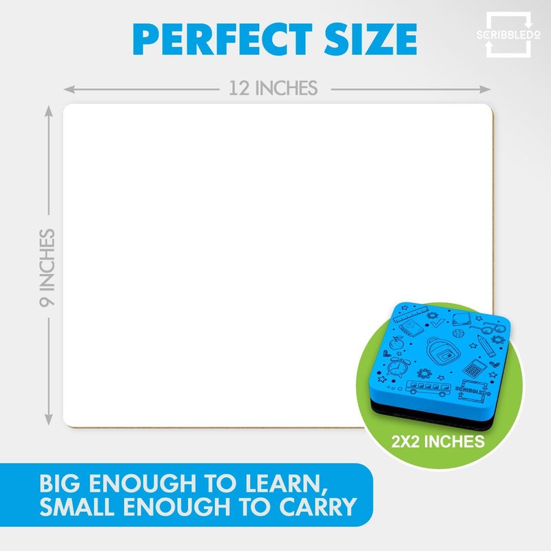 Scribbledo Set of 12 Small White Board Dry Erase Boards Classroom Pack Mini White Boards 9"x12” Double Sided Personal Whiteboards for Students Teachers School Supplies Lapboards l 12 Mini Whiteboard Erasers Incl - Image 5