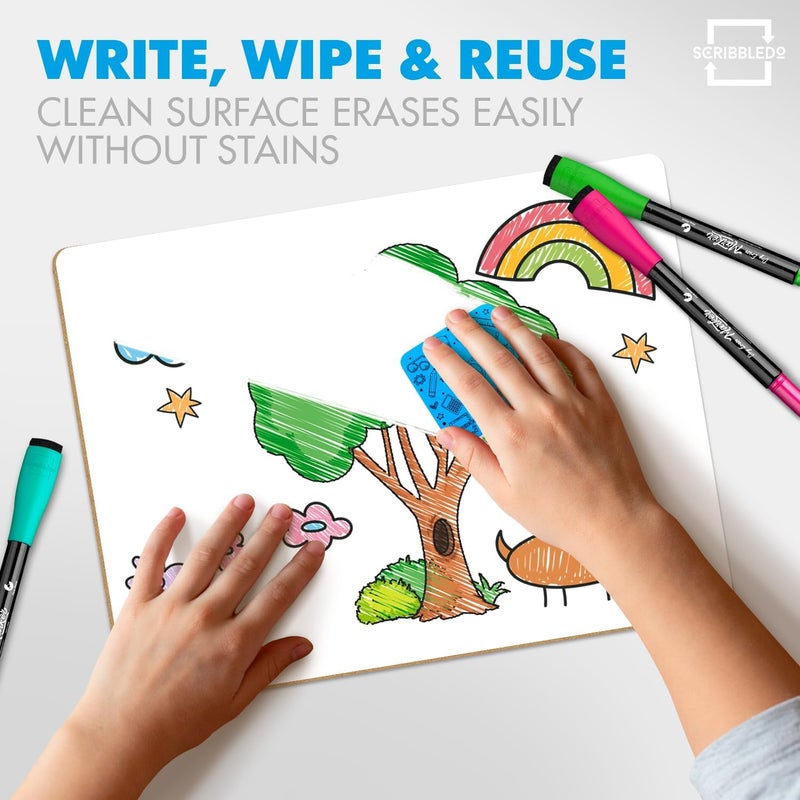 Scribbledo Set of 12 Small White Board Dry Erase Boards Classroom Pack Mini White Boards 9"x12” Double Sided Personal Whiteboards for Students Teachers School Supplies Lapboards l 12 Mini Whiteboard Erasers Incl - Image 4