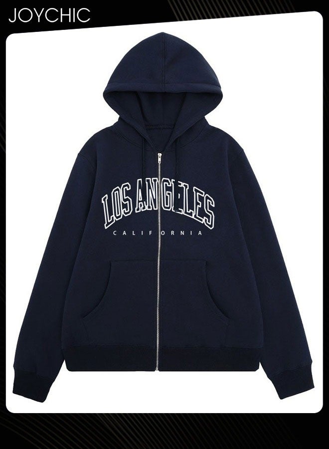 Joychic سترة هوودية جديدة ذات أكمام طويلة بسحاب ونمط حرف عصري دافئة لخريف وشتاء النساء اللون أزرق Navy - Image 1