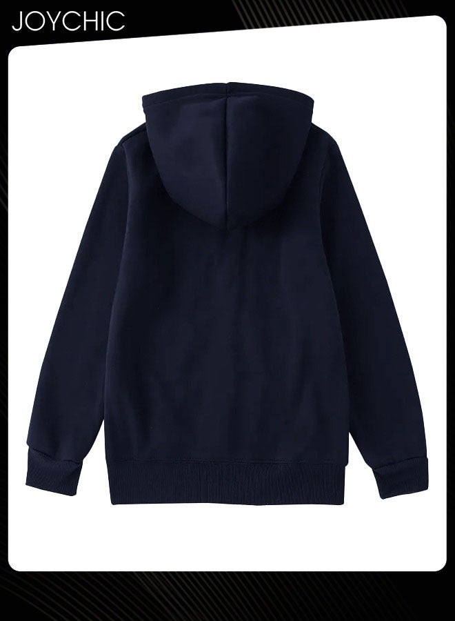Joychic سترة هوودية جديدة ذات أكمام طويلة بسحاب ونمط حرف عصري دافئة لخريف وشتاء النساء اللون أزرق Navy - Image 2