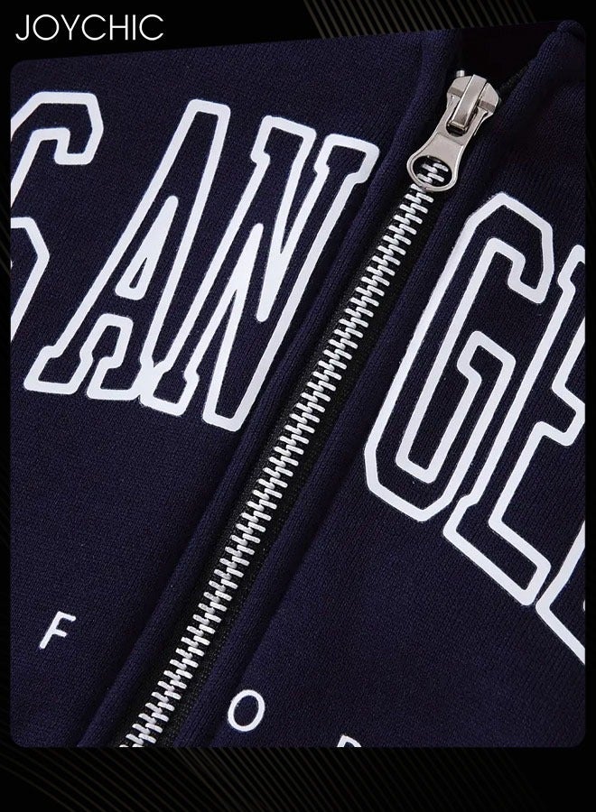 Joychic سترة هوودية جديدة ذات أكمام طويلة بسحاب ونمط حرف عصري دافئة لخريف وشتاء النساء اللون أزرق Navy - Image 3