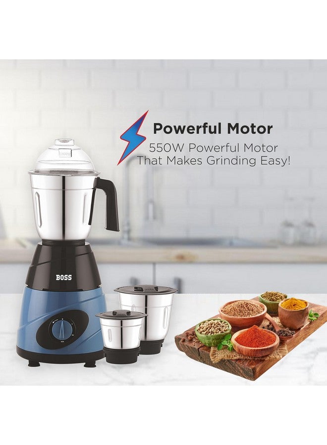 BOSS Thunder 550W Mixer Grinder with 3 Jars (Liquidizing, Wet Grinding and Chutney Jar), High Speed Motor, SS Blades, 5 Years Motor Warranty with Overload Protector, Blue - Image 4