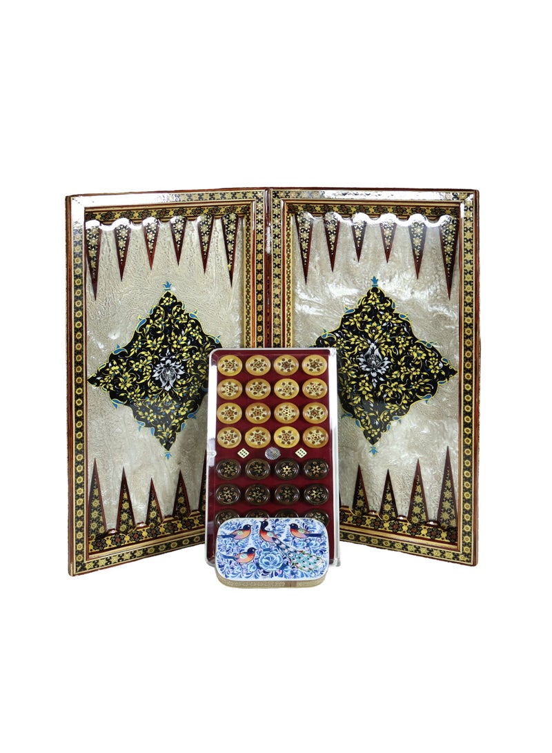 Luxury Royal Chess & Backgammon Set with Khatam Marquetry, Bone, Wood & Brass - Image 3