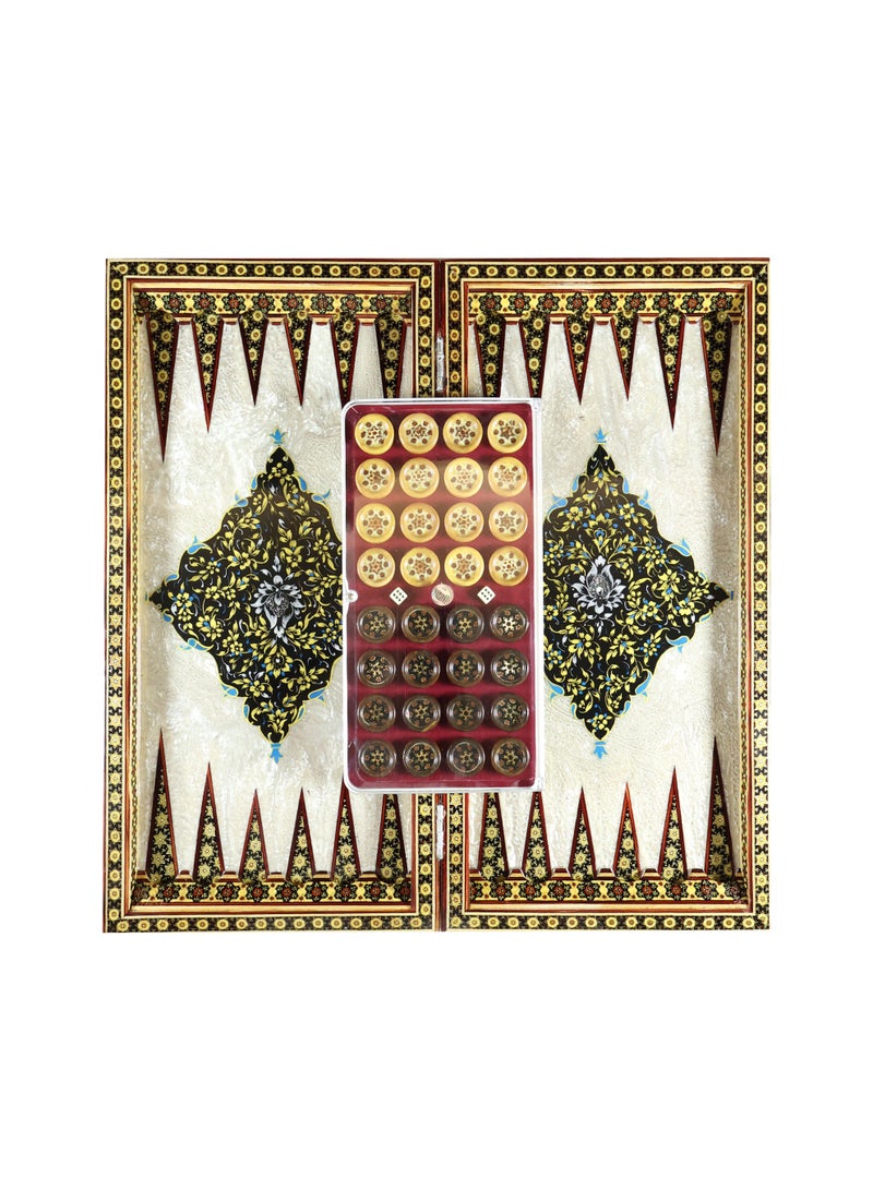 Luxury Royal Chess & Backgammon Set with Khatam Marquetry, Bone, Wood & Brass - Image 2