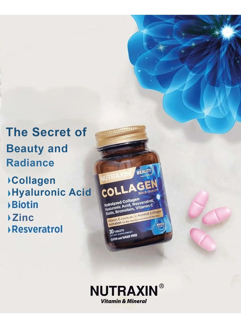 نوتركسين نوتراكسين بيوتي جولد كولاجين يحتوي على حمض الهيالورونيك والبيوتين وفيتامين C يدعم ترطيب البشرة ومرونتها ويقلل التجاعيد 30 قرصًا - Image 3