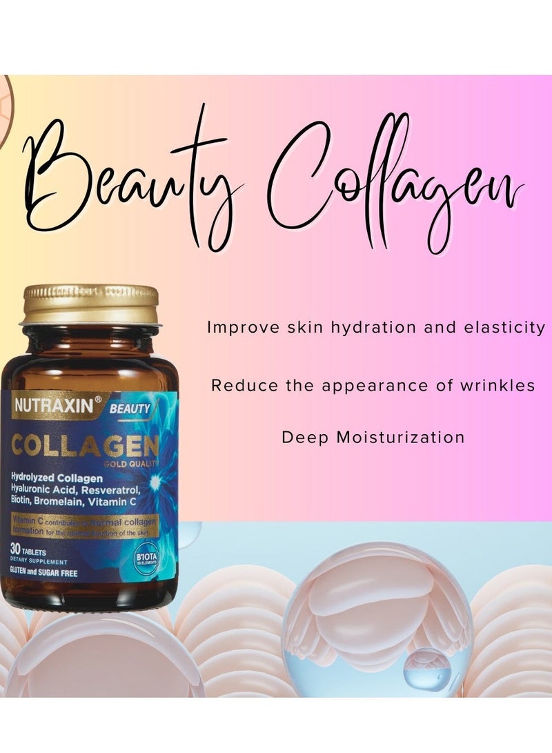 نوتركسين نوتراكسين بيوتي جولد كولاجين يحتوي على حمض الهيالورونيك والبيوتين وفيتامين C يدعم ترطيب البشرة ومرونتها ويقلل التجاعيد 30 قرصًا - Image 5