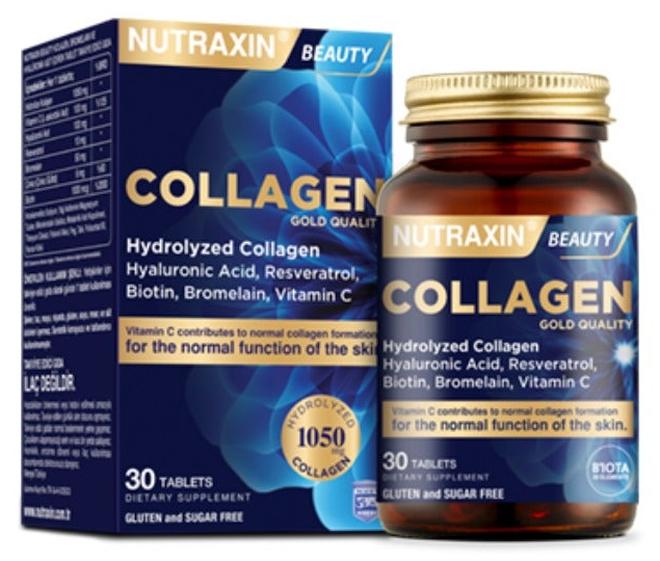 Nutraxin Beauty Gold Collagen Containing Hyaluronic acid, Biotin, Vitamin C supports Skin Moisturization, Elasticity and reduces Wrinkles 30 Tablets - Image 1