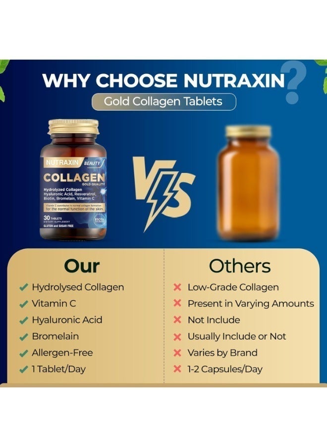 Nutraxin Beauty Gold Collagen Containing Hyaluronic acid, Biotin, Vitamin C supports Skin Moisturization, Elasticity and reduces Wrinkles 30 Tablets - Image 5