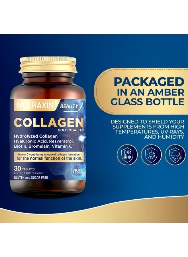 Nutraxin Beauty Gold Collagen Containing Hyaluronic acid, Biotin, Vitamin C supports Skin Moisturization, Elasticity and reduces Wrinkles 30 Tablets - Image 2
