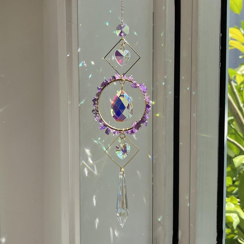 HOSTEESSCHOICE Crystal Suncatchers Window Hanging Wind Chime Pendant Ornament with Rough Stones Amethyst,for Home, Garden Tree Plants, and Meditation Decor (Purple) - Image 1