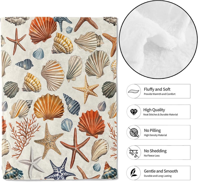MIEPOS Shell with Conch Starfish Throw Blanket – Soft, Cozy, and Lightweight Decor Flannel Blanket Ideal for Couch, Office, and Travel – Fuzzy, Fluffy, Plush Warmth for Women Girls 80×60 Inch - Image 2