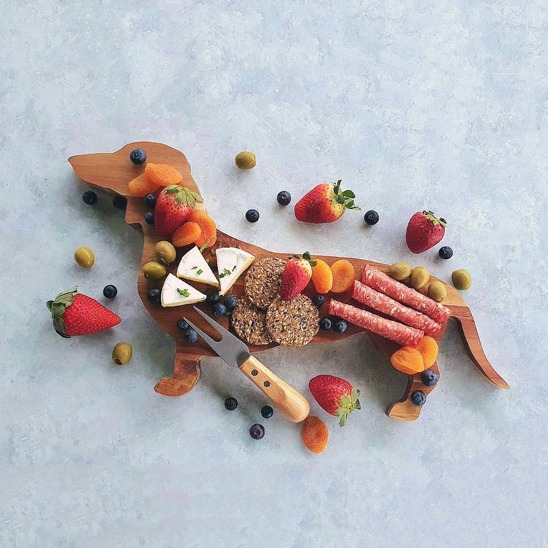 Heiboa Small Wood Charcuterie Cheese Board Set of 2 Dachshund Dog Shaped Solid Acacia Wood Serving Board Serving Platter Wooden Tray Dinner Plates Novelty Kitchen Gifts - Image 2