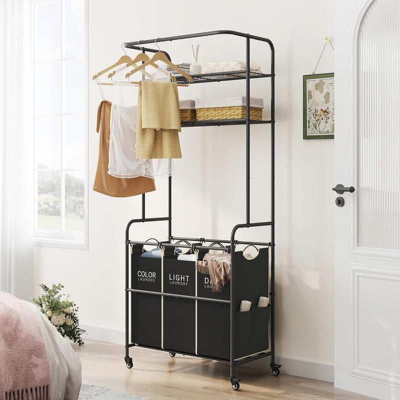 Gewudraw Laundry Sorter 3 Section,Laundry Hamper Cart with Hanging Rack & Removable Bags,Heavy Duty Laundry Basket with Wheels & 2 Tier Shelf,Space-Saving Laundry Basket Organizer for Laundry Room - Image 2