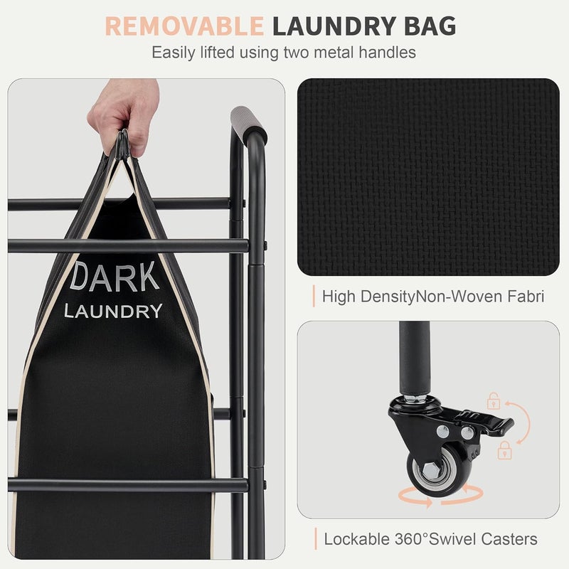 Gewudraw Laundry Sorter 3 Section,Laundry Hamper Cart with Hanging Rack & Removable Bags,Heavy Duty Laundry Basket with Wheels & 2 Tier Shelf,Space-Saving Laundry Basket Organizer for Laundry Room - Image 4