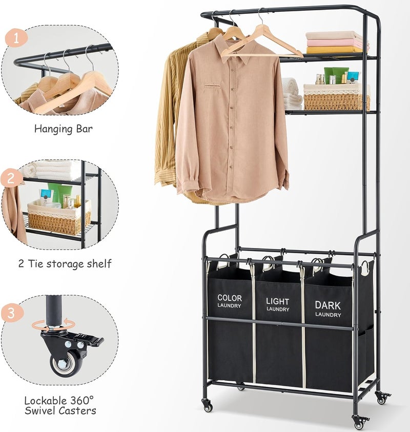 Gewudraw Laundry Sorter 3 Section,Laundry Hamper Cart with Hanging Rack & Removable Bags,Heavy Duty Laundry Basket with Wheels & 2 Tier Shelf,Space-Saving Laundry Basket Organizer for Laundry Room - Image 3