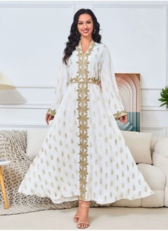 إسكدنيا إمرأة مسلمة Abaya حارّ ختم مساء ثوب , حزام سير عربيّة ثوب أبيض  - Image 1