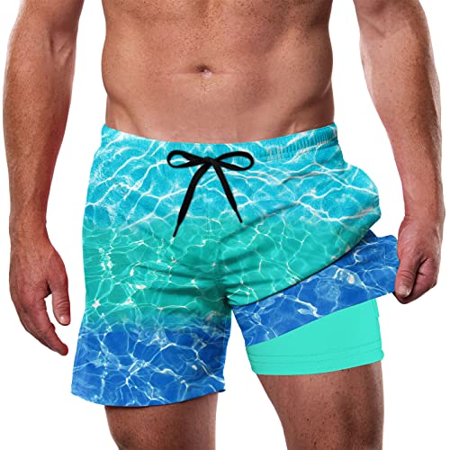 Cozople Swim Trunks Mens Shorts with Compression Liner Summer Quick Dry Swimming Trunks Anti Chafing Fashion Gradient Print Bathing Suit Beach Shorts Swimwear XL - Image 1