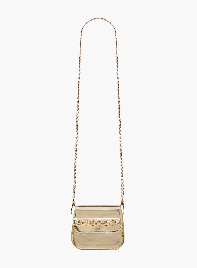 Little Missy Girls Embellished Crossbody Bag with Detachable Chain Strap and Button Closure  - Image 2