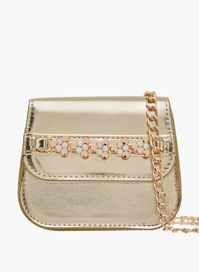 Little Missy Girls Embellished Crossbody Bag with Detachable Chain Strap and Button Closure  - Image 1