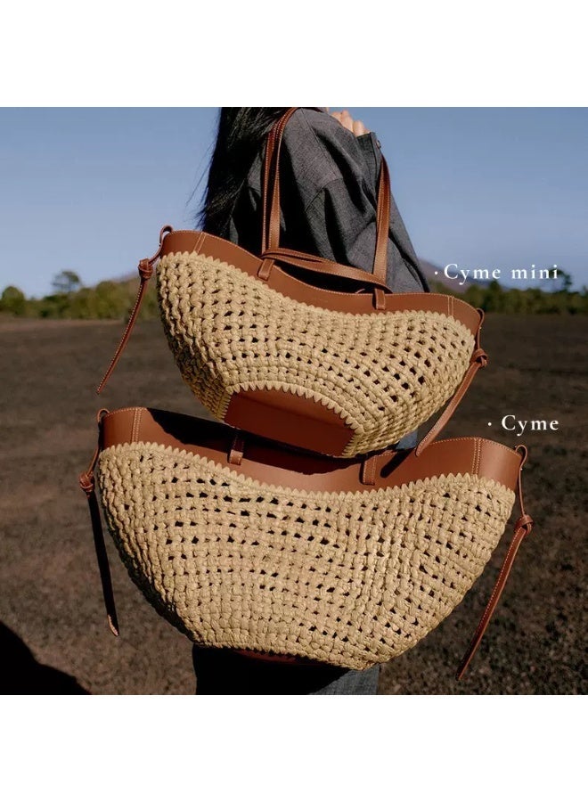 Polène Cyme Large Cognac Raffia Woven Bag, Daily Commuter Hand & Shoulder Bag - Image 2