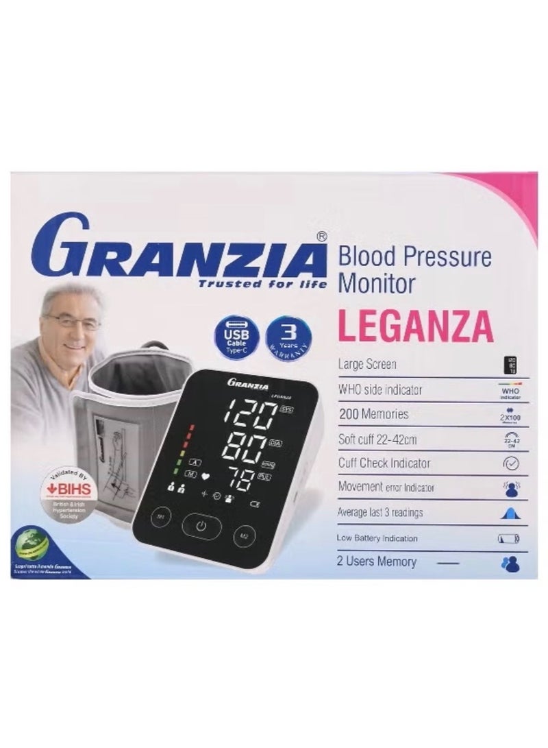 Granzia Leganza Blood Pressure Monitor – Upper Arm Cuff 22–42cm, Dual-User Memory (200 Readings), WHO Color Indicator, USB-C Rechargeable, BIHS Certified with 3-Year Warranty - Image 4