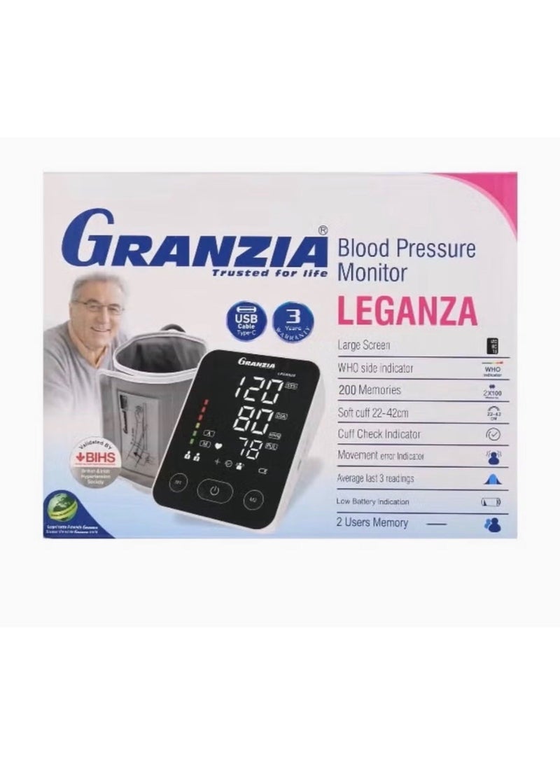  جرانزيا جهاز قياس ضغط الدم Leganza – كفة للذراع العلوي 22–42 سم، ذاكرة لمستخدمين مزدوجين (200 قراءة)، مؤشر ألوان منظمة الصحة العالمية، قابل للشحن عبر USB-C، معتمد من BIHS وضمان 3 سنوات - Image 1