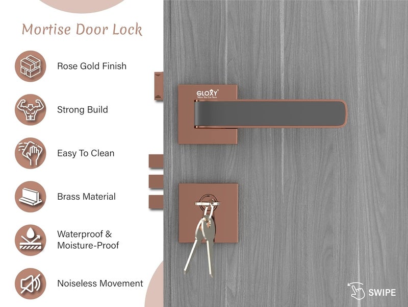 GLOXY Heavy Duty Door Locks for Main Door Main Door Lock Door Lock with Handle Door Locks for Bedroom Mortise Lock for All Door Rose Gold Black Finish 2 Years Warranty Pack of 1 - Image 3
