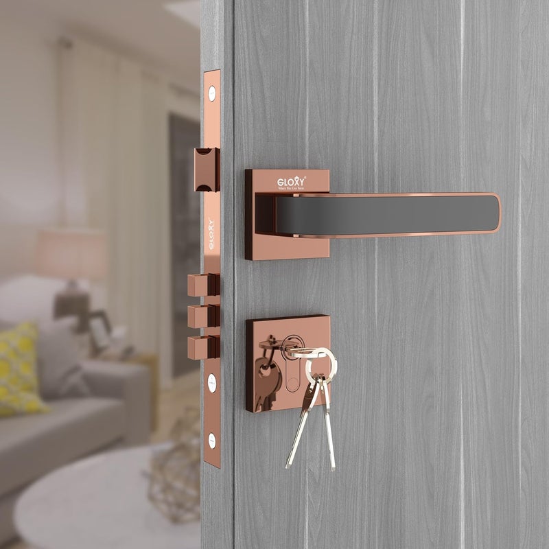 GLOXY Heavy Duty Door Locks for Main Door Main Door Lock Door Lock with Handle Door Locks for Bedroom Mortise Lock for All Door Rose Gold Black Finish 2 Years Warranty Pack of 1 - Image 1