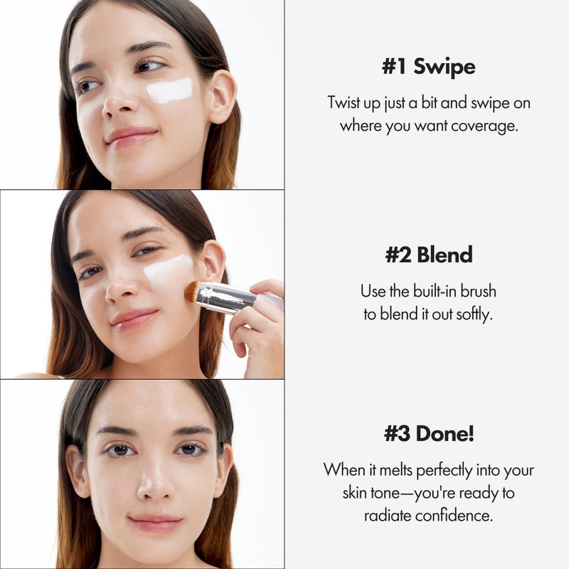 ELROEL Blanc Cover Cream Stick V White - Korean Color-Changing Foundation Stick with Volufiline - Medium to Full Coverage Dewy Finish Base Makeup - Dual-Ended with Detachable Brush (204 Tan) - Image 4
