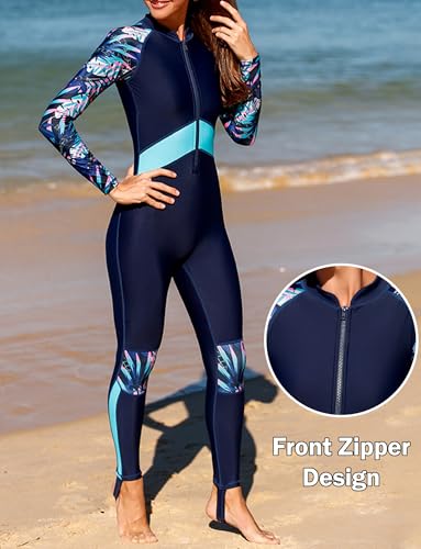FEOYA Women’s One Piece Swimsuit Slim Fit Full Body Rash Guard Long Sleeve Body Suit UV Sun Protection Bathing Suit with Built in Bra Blue Large - Image 4