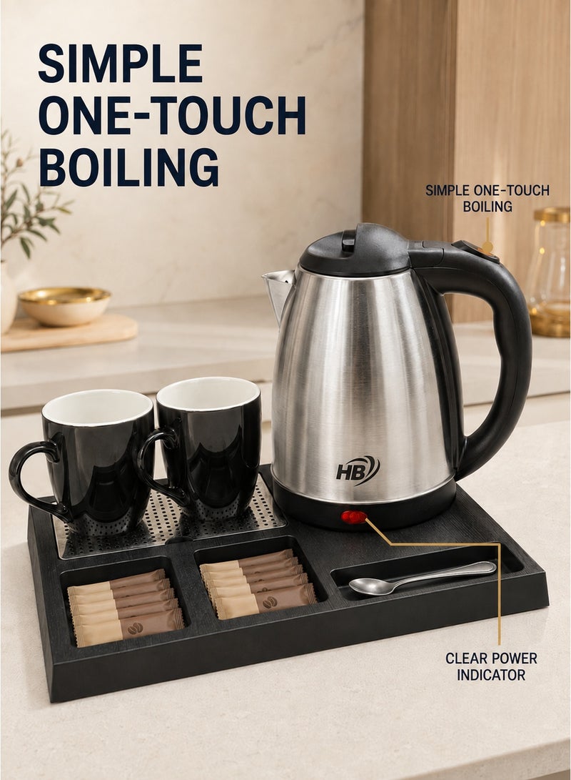 HB 2L Electric Kettle Set with Serving and Organizer Tray, 2 Ceramic Cups, Stainless Steel Hot Water Kettle, One-Touch Operation and Power Indicator for Home, Office, Hotel and Guest Room – Silver/Black - Image 4
