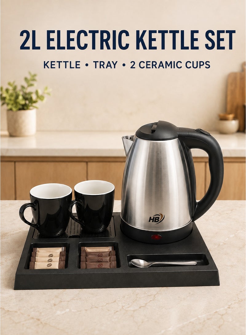 HB 2L Electric Kettle Set with Serving and Organizer Tray, 2 Ceramic Cups, Stainless Steel Hot Water Kettle, One-Touch Operation and Power Indicator for Home, Office, Hotel and Guest Room – Silver/Black - Image 1