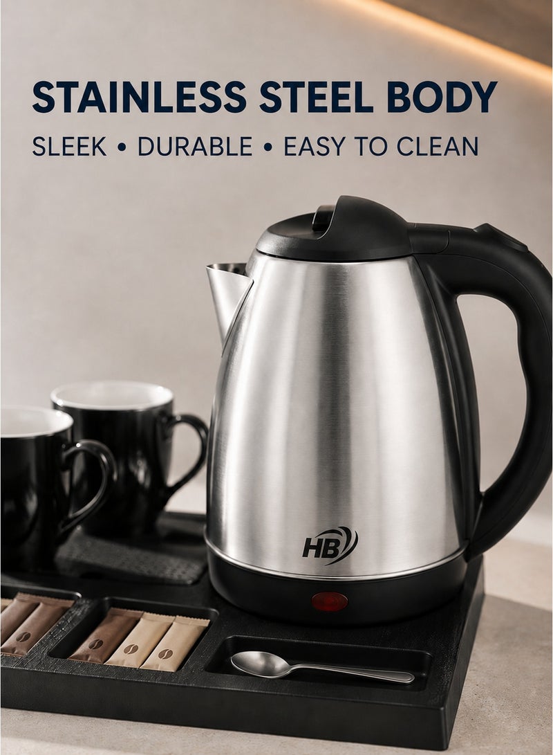 HB 2L Electric Kettle Set with Serving and Organizer Tray, 2 Ceramic Cups, Stainless Steel Hot Water Kettle, One-Touch Operation and Power Indicator for Home, Office, Hotel and Guest Room – Silver/Black - Image 5