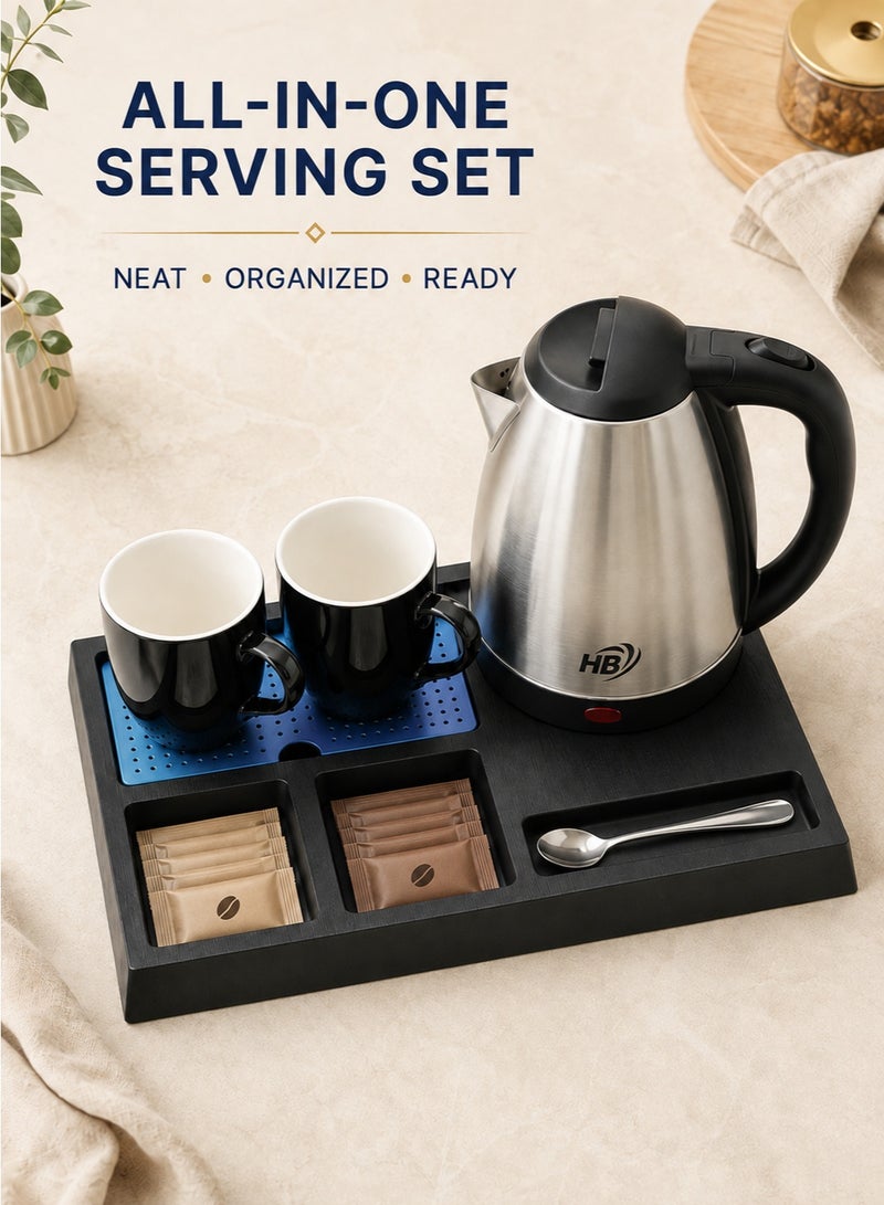 HB 2L Electric Kettle Set with Serving and Organizer Tray, 2 Ceramic Cups, Stainless Steel Hot Water Kettle, One-Touch Operation and Power Indicator for Home, Office, Hotel and Guest Room – Silver/Black - Image 3