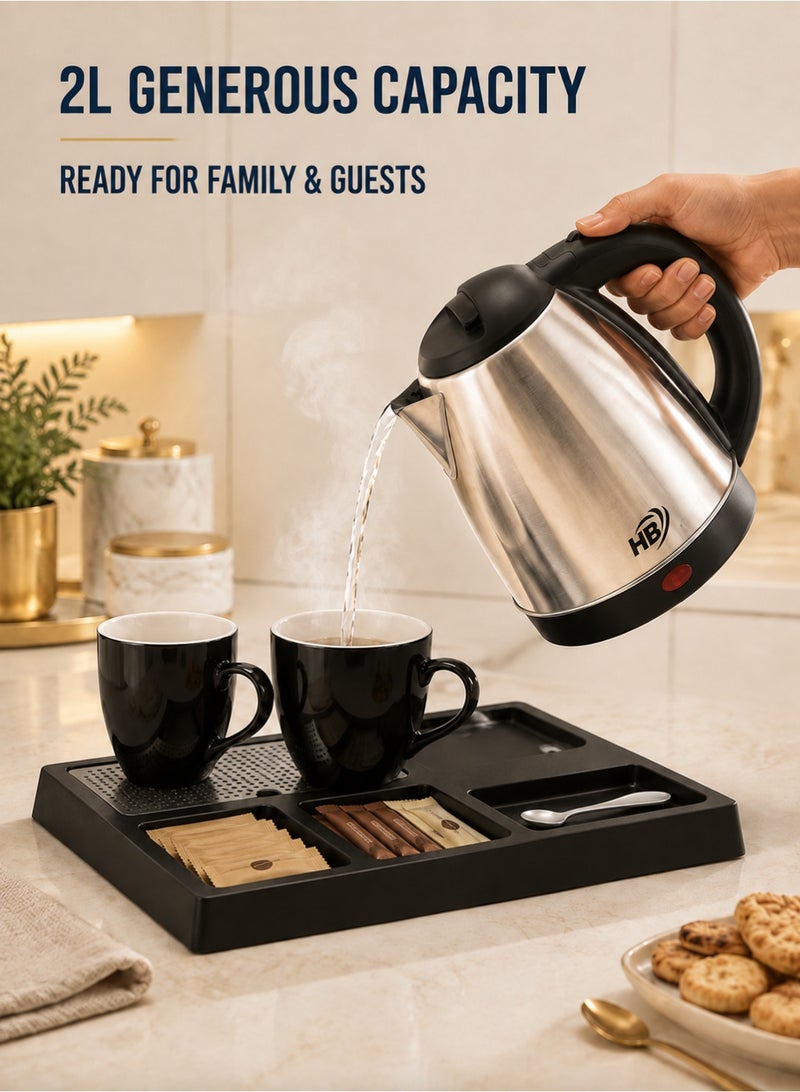 HB 2L Electric Kettle Set with Serving and Organizer Tray, 2 Ceramic Cups, Stainless Steel Hot Water Kettle, One-Touch Operation and Power Indicator for Home, Office, Hotel and Guest Room – Silver/Black - Image 2