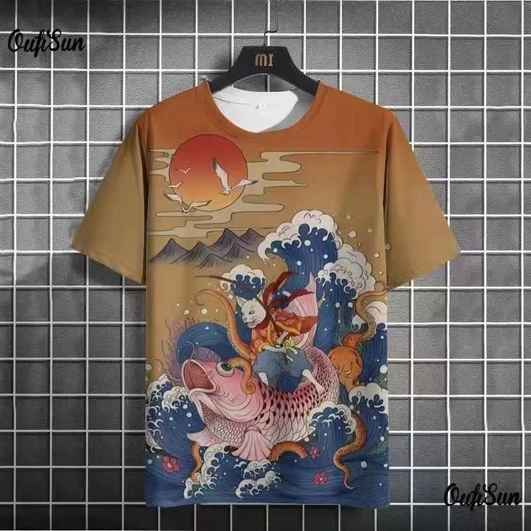 E-Commerce 3D Digital Printing Blue Wolf Totem T-Shirt Casual Loose Fashion Sports Men'S A Generation Of Hair - Image 1