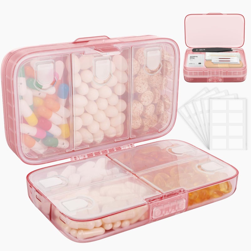 FYY Weekly Pill Organizer with Labels8 Compartments Travel Daily Pill Case Airtight Moistureproof Large Pill Box to Hold Vitamins Fish Oil SupplementsCotton Swab and BandagesPink