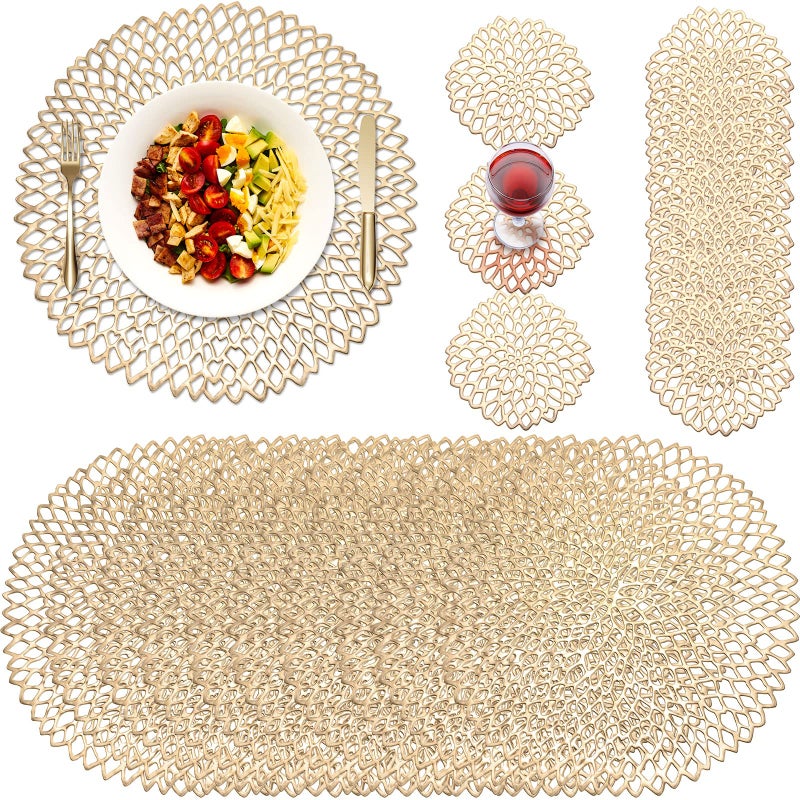 Round Pressed Vinyl Placemats Metallic Placemats Coasters Set Including Placemats and Coasters Hollow Round Table Mats for Wedding Dinner Party Table Supplies Gold 24 Pcs