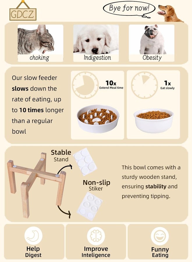 GDCZ Dog Slow Feeder Bowl, Round Ceramic Pet Food Bowl for Medium Breed, Fun Raised Dog Bowls to Slow Down Eating (White, M-1.3 Cups+Stand) - Image 4