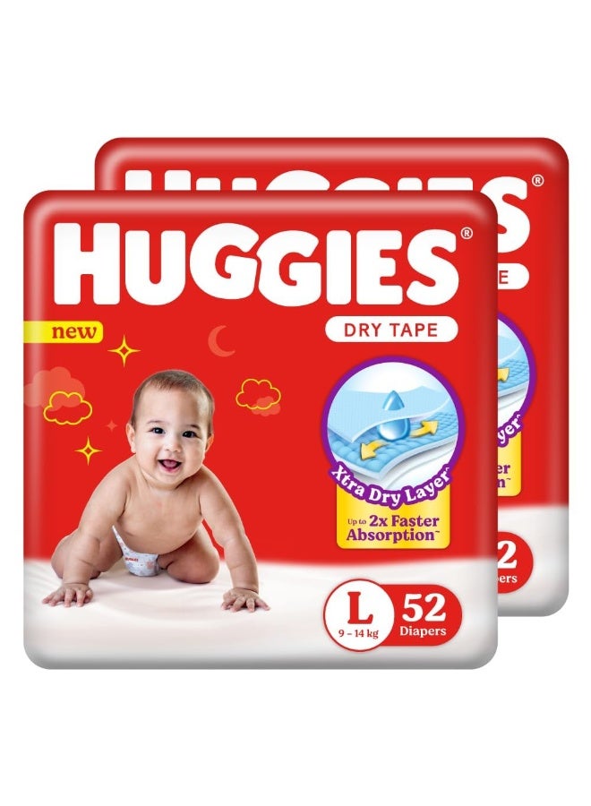 Huggies  Dry Tape Large (L) Size Baby Tape Diapers, Combo Pack of 2, 104 count, with 5 in 1 Comfort (52 Count, Pack of 2) - Image 1